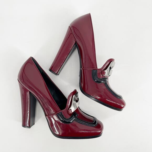 Prada Fall 2010 Burgundy Patent Leather Loafer Square Toe Block Heels IT 39.5 - Picture 4 of 16
